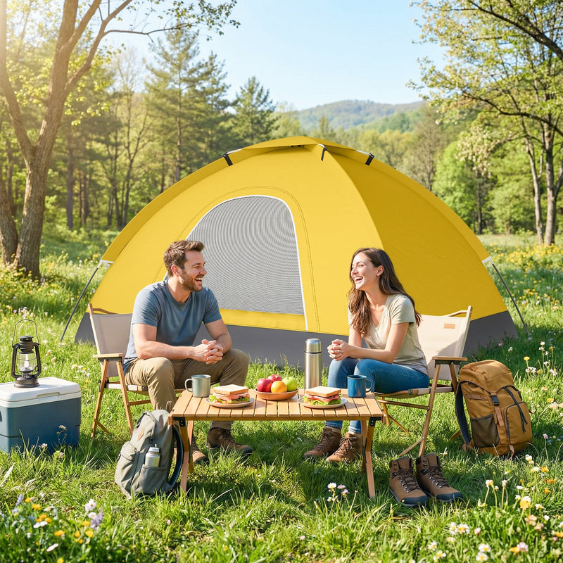 2 Person Camping Tent with Mesh Windows for Easy Setup and Extra Space Yellow