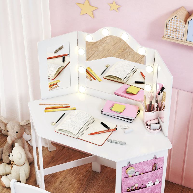 Kids Vanity Table and Stool Set with LED Lights and Folding Mirror for Bedroom White