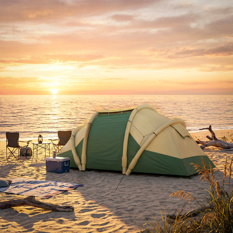 Inflatable Family Tent with Two Bedrooms and Quick 5 Minute Setup for Camping Green Brown