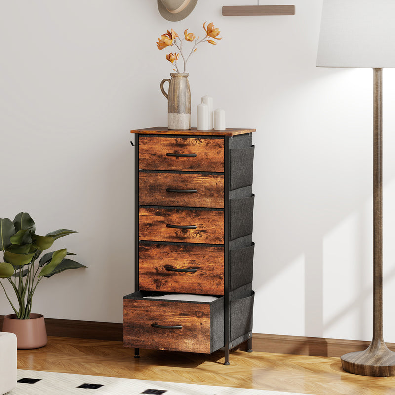 Tall Fabric Chest of 5 Drawers with Wood Top for Bedroom or Closet Storage Rustic Brown