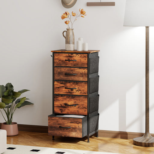 Tall Fabric Chest of 5 Drawers with Wood Top for Bedroom or Closet Storage Rustic Brown