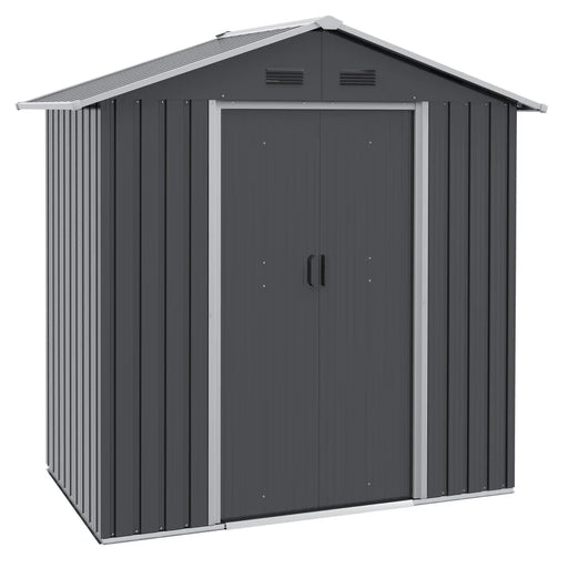 Image of a small grey metal outdoor garden storage shed with apex roof