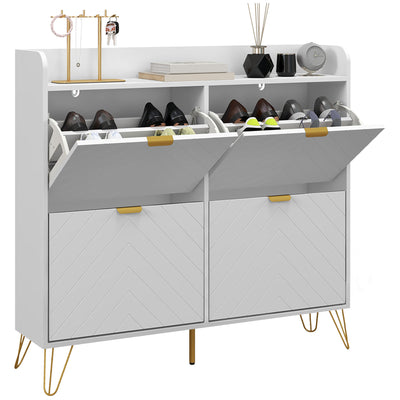 Slim Shoe Storage Cabinet With 4 Flip Drawers Fits Up To 16 Pairs Grey