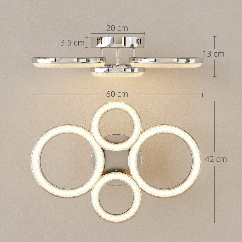 Modern LED Ceiling Light with 4 Ring Design and Adjustable Colour for Living Room Silver Tone AOSOM