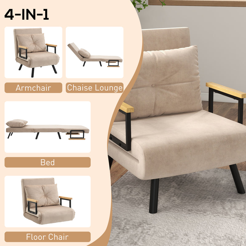 4 in 1 Single Sofa Bed Chair with Pillow Converts to Lounger for Guests Beige