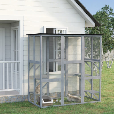 Large Wooden Outdoor Catio Enclosure with Platforms and Roof for Multiple Cats, Natural Wood AOSOM