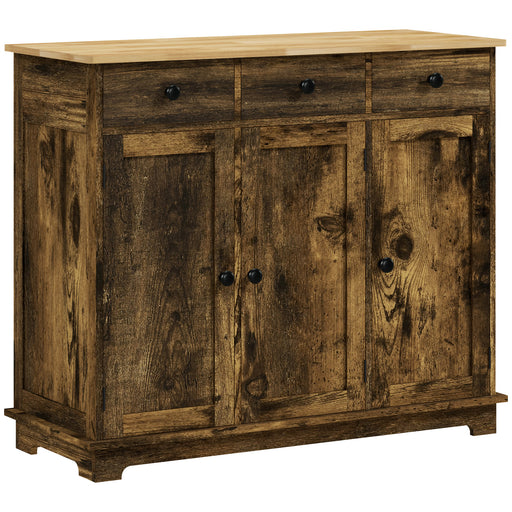 Rustic Brown Sideboard with Rubberwood Top and Adjustable Shelves for Kitchen Storage