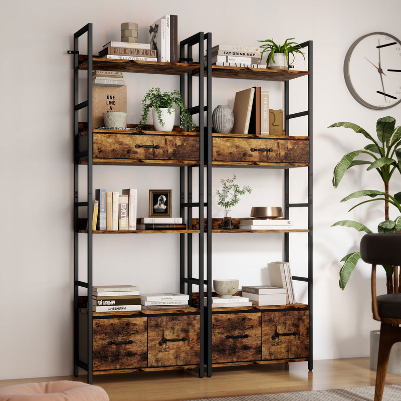 Industrial Style Bookcase With 4 Open Shelves And 3 Storage Drawers For Home Office Brown Black
