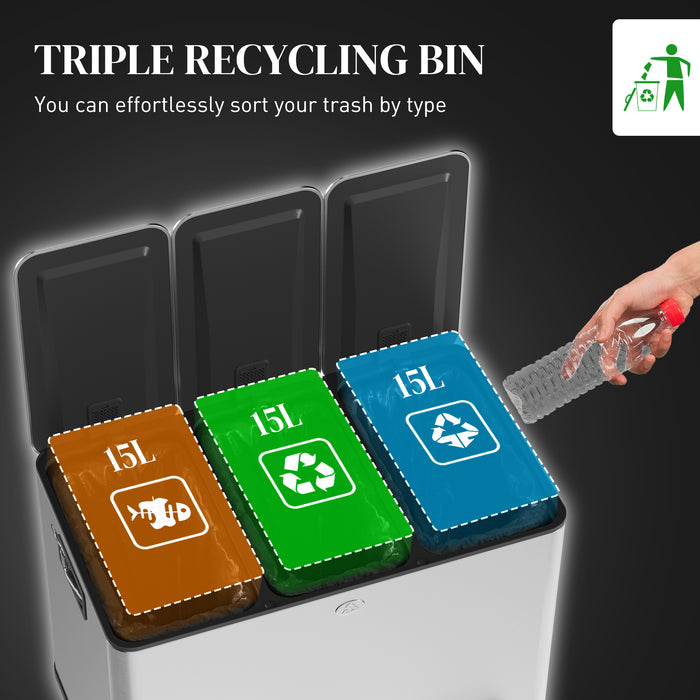 Steel Triple Kitchen Pedal Bin 3 x 15L with Soft Close Lid and Removable Buckets by HOMCOM
