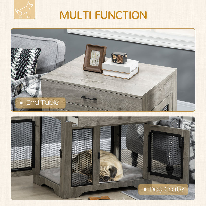 Dog Crate End Table with Two Doors and Storage Drawer for Medium Dogs Grey