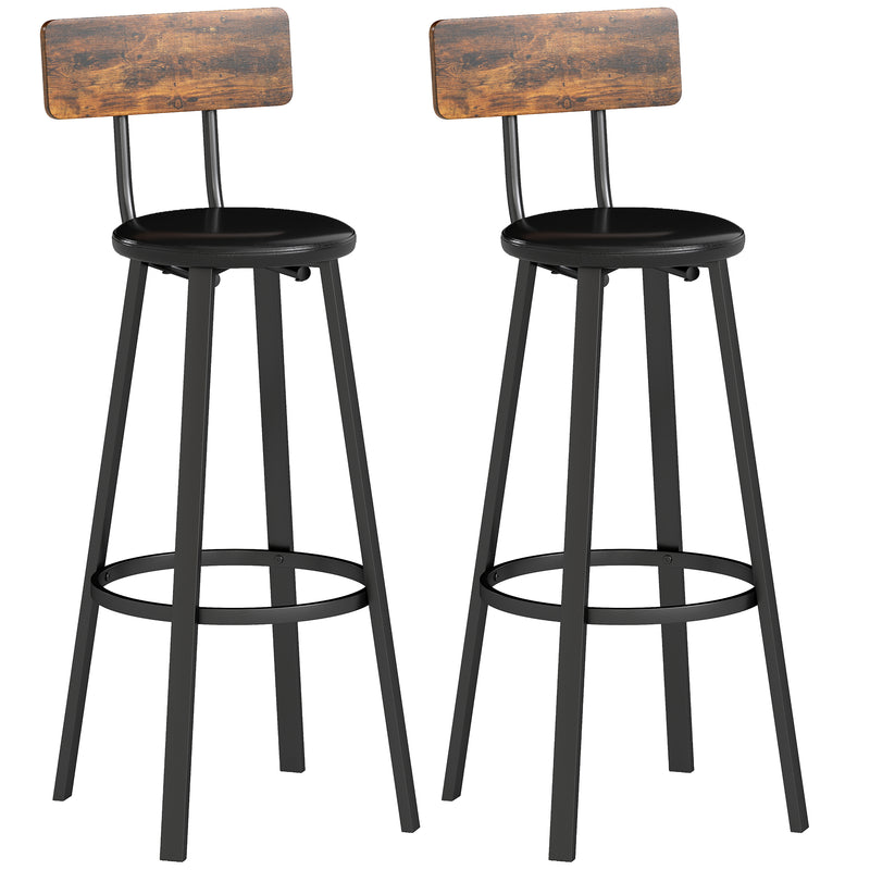 Set of 2 Industrial Bar Stools with Backrests and Footrests for Kitchen Island Rustic Brown and Black
