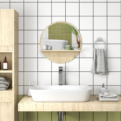 Round Wall Mirror with Built In Shelf for Bathroom or Hallway Display Natural Wood Effect