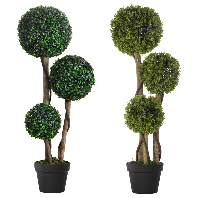 HOMCOM Decorative Artificial Plants Set of 2, Boxwood Ball Topiary Trees in Pot Fake Plants for Home Indoor Outdoor Decor, 90 cm, Dark Green AOSOM