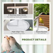 Bird Stand with Wheels and Feed Bowls for Indoor or Outdoor Use with Tray, White