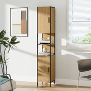 Tall Bathroom Storage Cabinet with Doors Adjustable Shelves and Open Shelves, Natural Wood