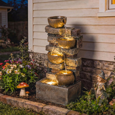 Garden Water Fountain with Calming Cascading Tiers and LED Lights for Relaxing Evenings Rustic Brown Outsunny