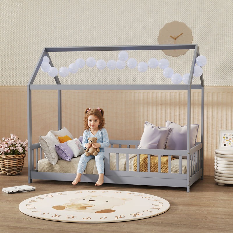 Toddler Bed with House Frame and Guard Rails for Safe and Cosy Sleep Grey