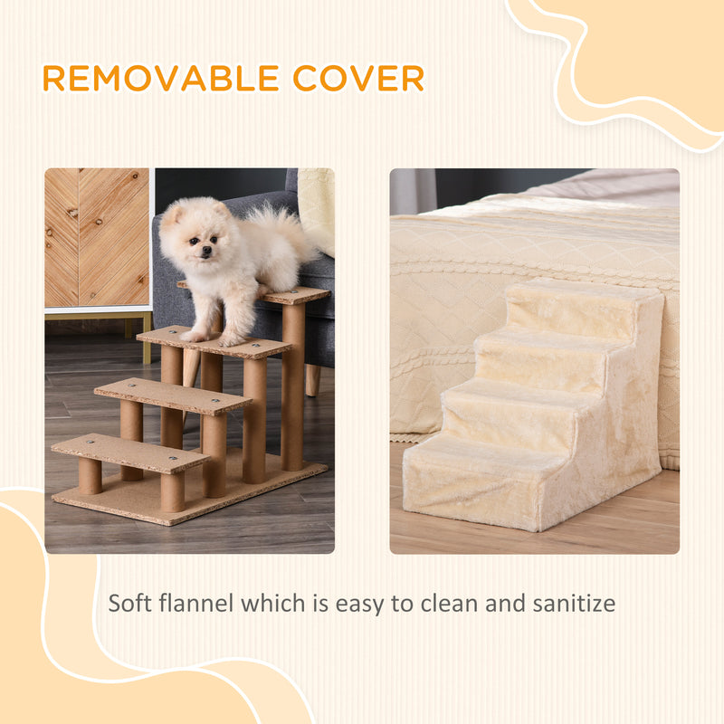 Four Step Pet Stairs With Washable Cover For Small Dogs And Cats To Reach High Beds Beige