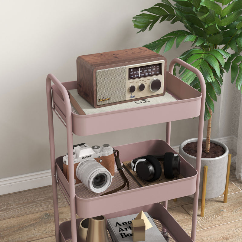 Pink Three Tier Steel Storage Trolley with Wheels for Home Office or Salon by HOMCOM