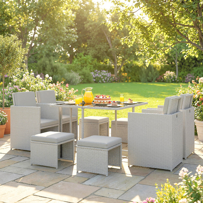 Rattan Cube Garden Dining Set for Family Meals with Cushions and Space Saving Design, Light Grey Outsunny