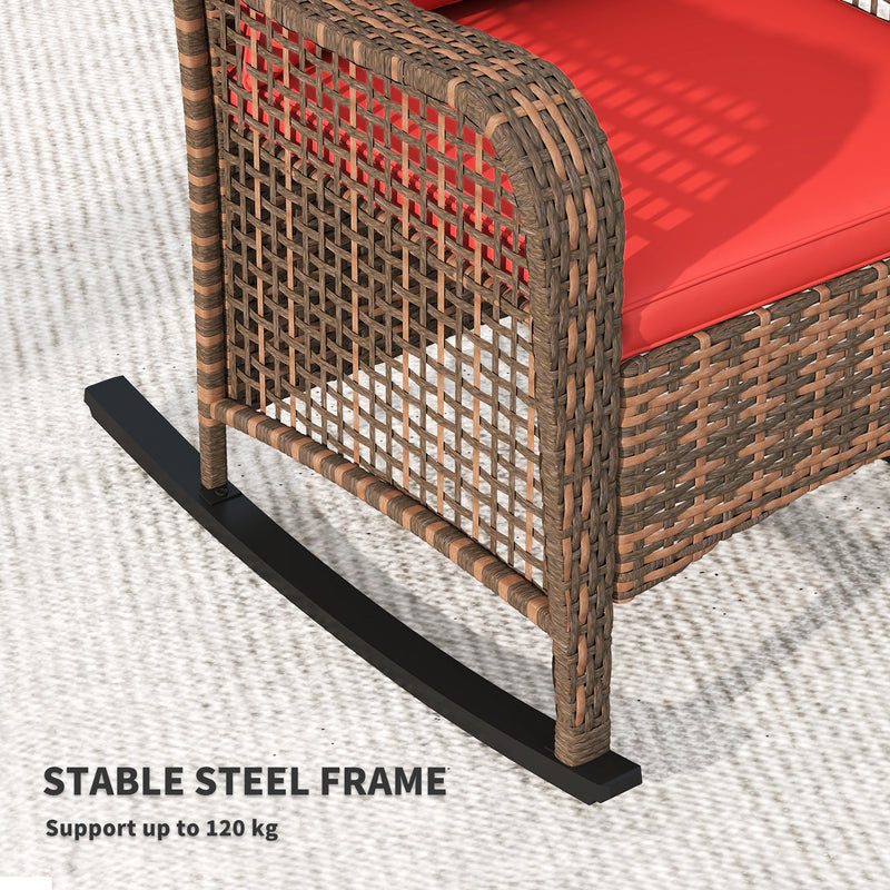 Red Rattan Rocking Chair with Cushions Steel Frame for Garden Patio Balcony by Outsunny
