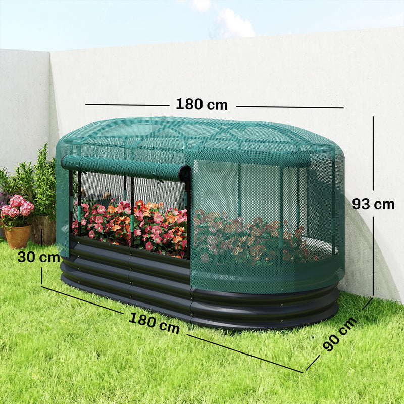 Galvanised Raised Garden Bed With Self Watering System and Mesh Cover 6x3ft Dark Grey Green AOSOM
