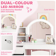 Kids Vanity Table Set with LED Mirror Storage Shelves and Chair for Girls Bedroom White