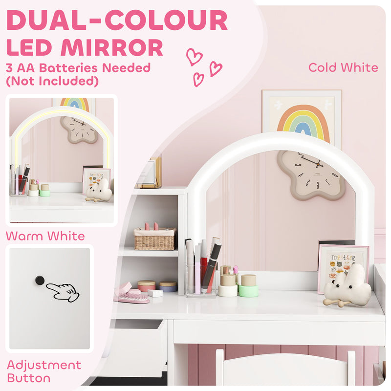 Kids Vanity Table Set with LED Mirror Storage Shelves and Chair for Girls Bedroom White