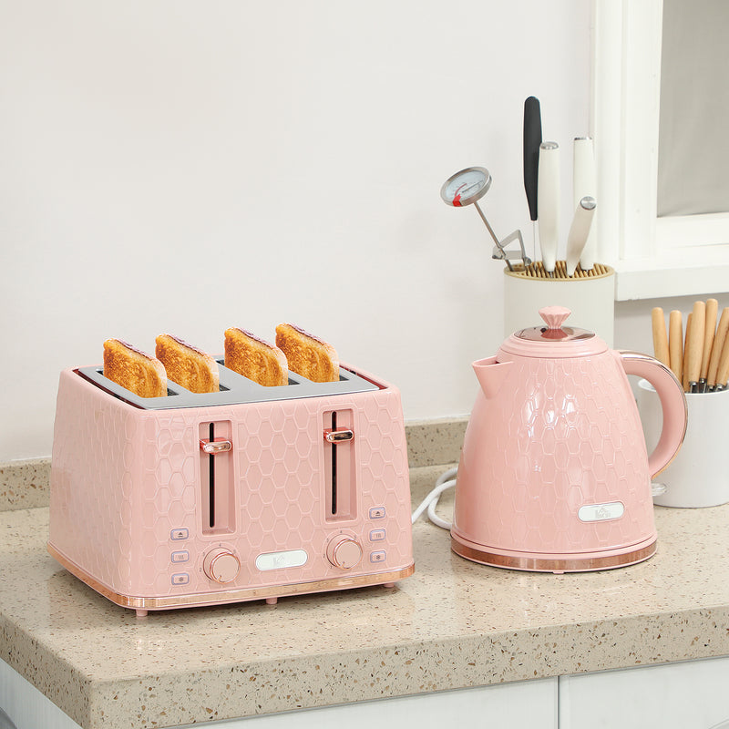 Fast Boil 17L Jug Kettle and 4 Slice Toaster Set with 7 Browning Levels, Light Pink