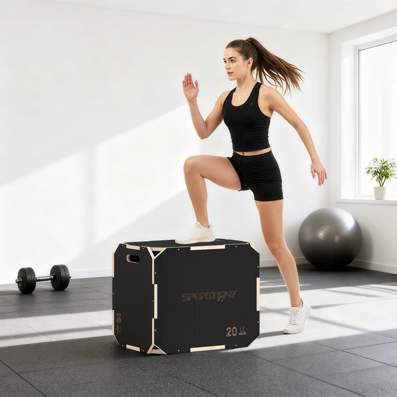 Wooden Plyo Jump Box Non Slip Surface For Home Fitness And Cardio Workouts Natural AOSOM