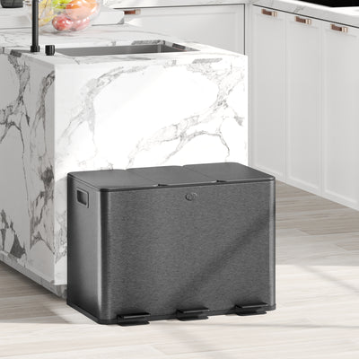 Triple Kitchen Bin 60LWith Soft Close Lids And Removable Inner Buckets Black
