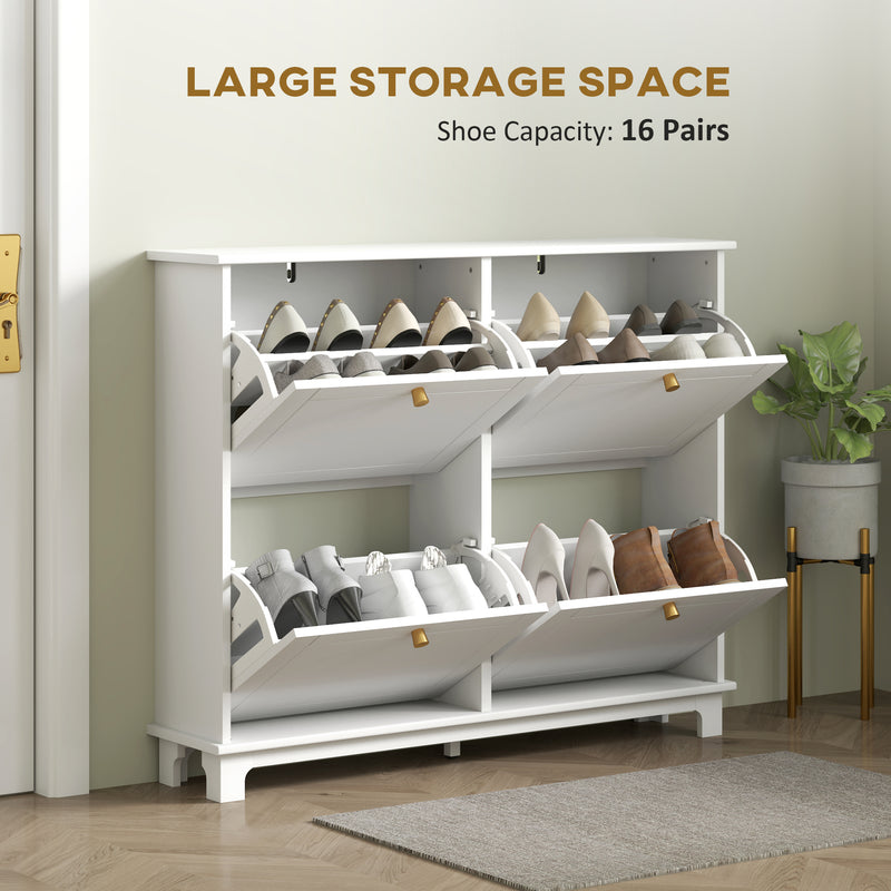 Tall Slim Shoe Storage Cabinet with 4 Flip Drawers and Adjustable Shelves, White
