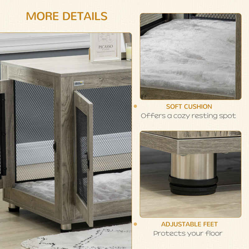 2 in 1 Dog Crate and Side Table with Cushion and Double Doors for Large Dogs Grey