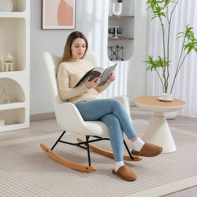 Cream Velvet Rocking Chair with Solid Wood Legs and Metal Frame for Living Room or Bedroom