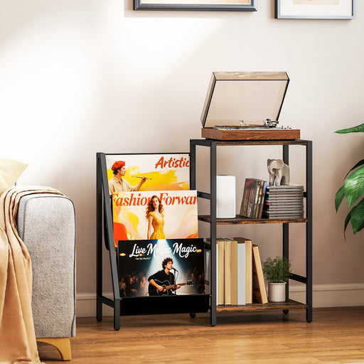 Rustic Brown 3 Tier Record Player Stand With Storage For Living Room Or Bedroom Use