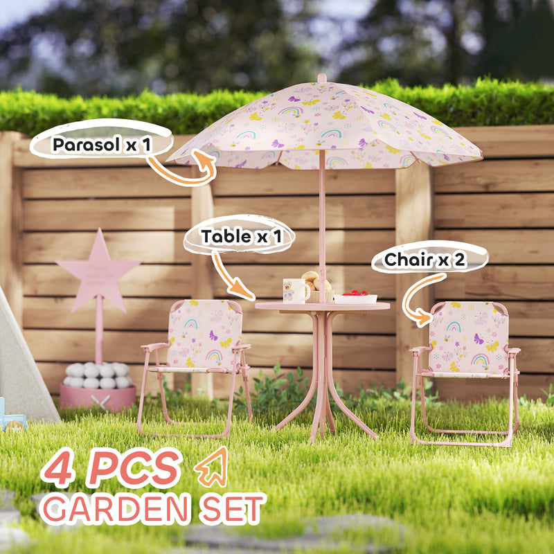 Kids Garden Table and Chair Set with Adjustable Parasol Rainbow Design 4pc Pink by AIYAPLAY Aiyaplay