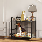Grey Dog Crate Furniture with Rotating Bowl Holder and Double Doors for Medium Dogs by PawHut