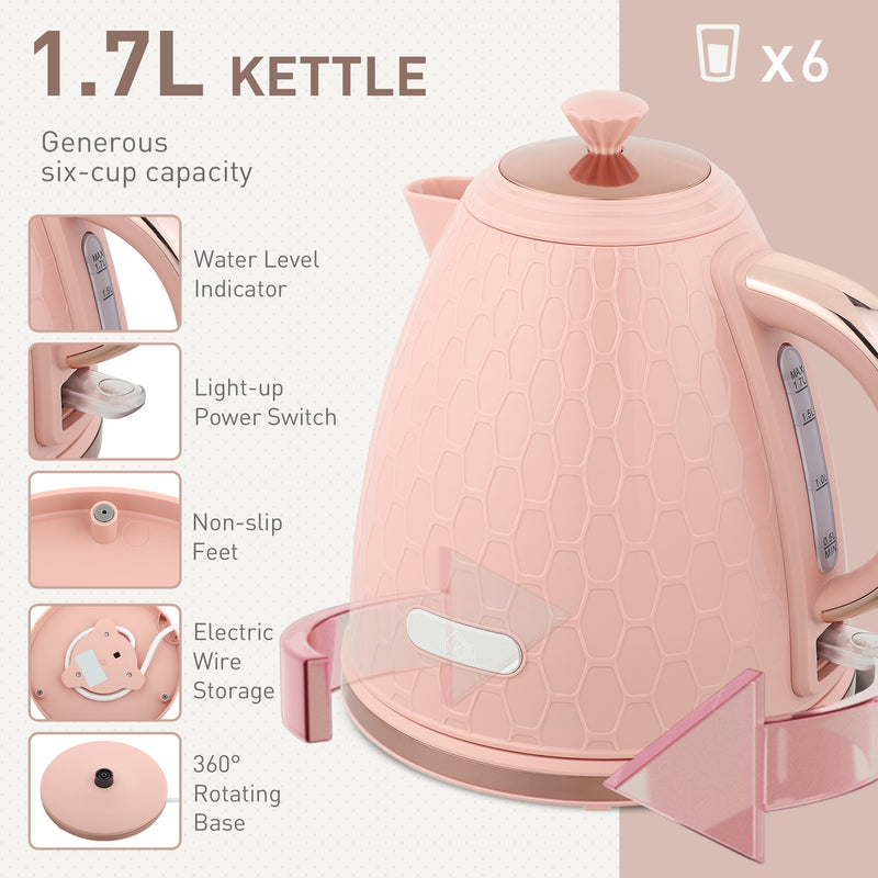 Fast Boil 17L Jug Kettle and 4 Slice Toaster Set with 7 Browning Levels, Light Pink