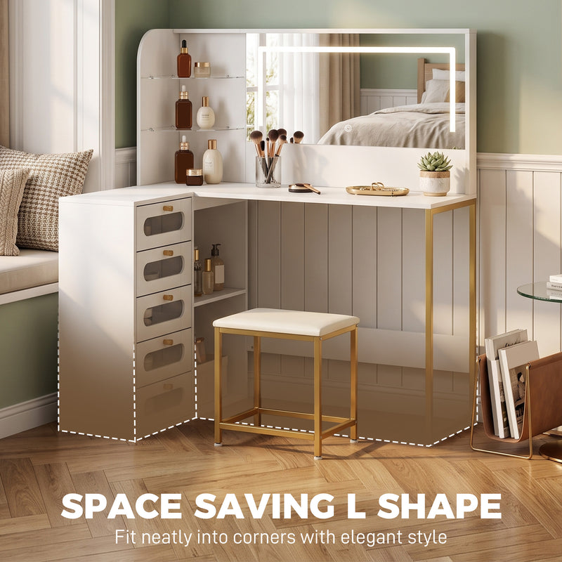 Corner Dressing Table Set with Adjustable LED Mirror and Organised Storage White Gold