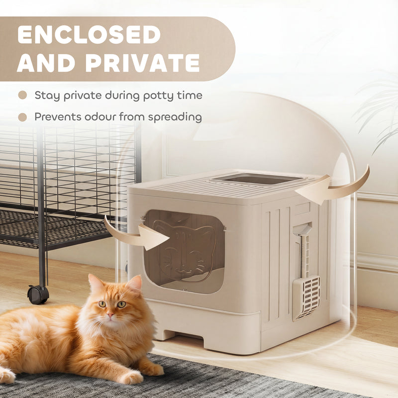 Foldable Cat Litter Box with Lid and Pull Out Drawer for Easy Cleaning Khaki AOSOM