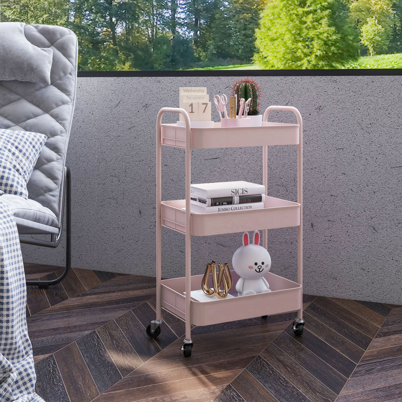 Pink Three Tier Steel Storage Trolley with Wheels for Home Office or Salon by HOMCOM