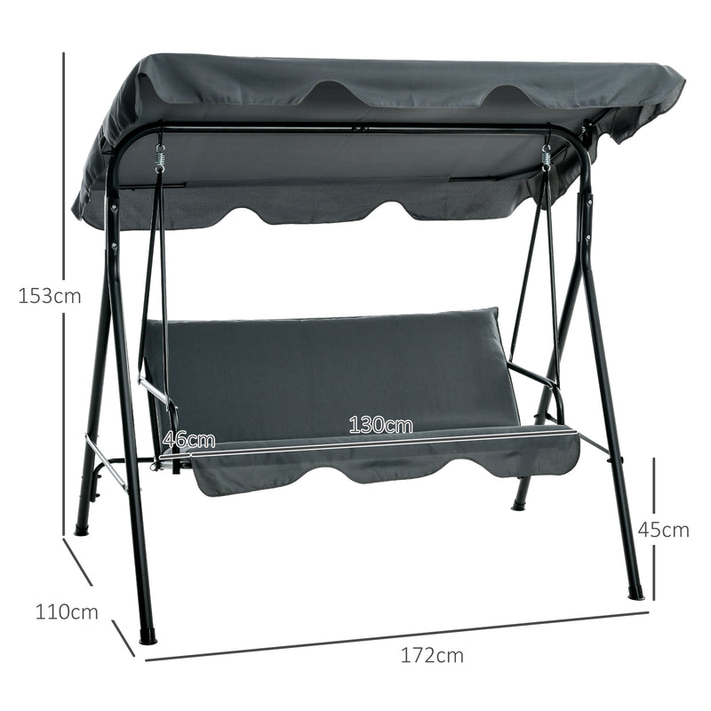 Grey 3 Seater Garden Swing Chair With Adjustable Canopy And Cushions For Outdoors Outsunny