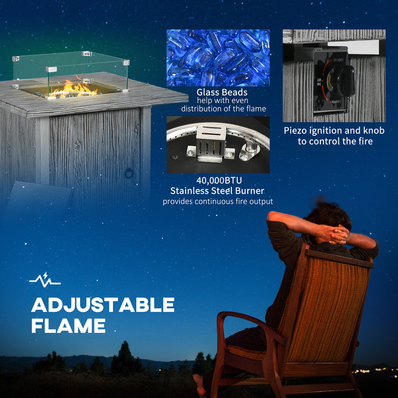 Grey Gas Firepit Table with Glass Screen and Cover 50000 BTU for Garden Heating