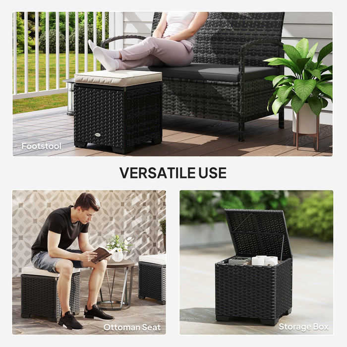 Set of 2 Rattan Storage Ottomans with Cushions for Garden Balcony and Poolside in Cream by Outsunny