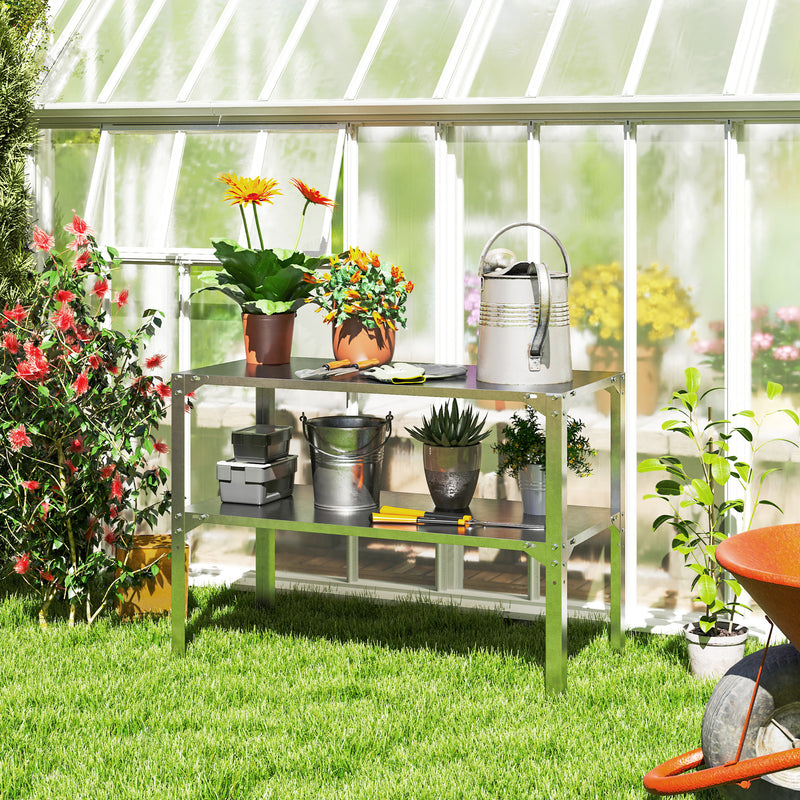 2 Tier Galvanised Steel Potting Bench Table With Storage Shelf for Garden and Greenhouse by Outsunny