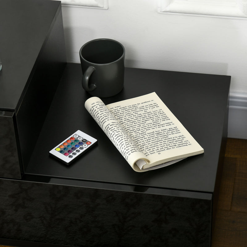 Black High Gloss Bedside Table with RGB LED Lights and Storage Drawers for Bedroom