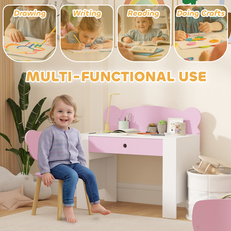 Kids Desk and Chair Set with Storage Drawer for Study and Play Pink White AOSOM