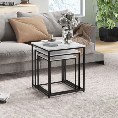 Set of 3 Nesting Side Tables with Marble Effect Ideal for Living Room Storage White