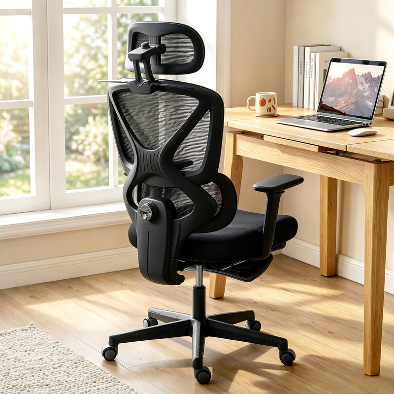 Ergonomic Office Chair with Adjustable Support and Reclining Leg Rest for Home Working Black