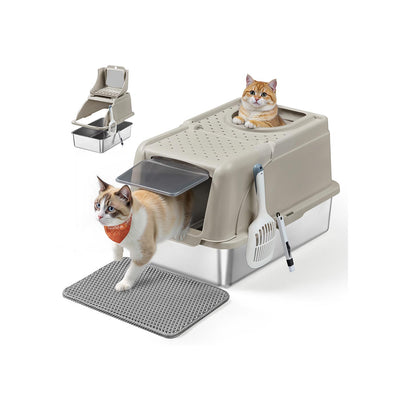 Feandrea XL stainless steel cat litter box in beige cappuccino with cats entering